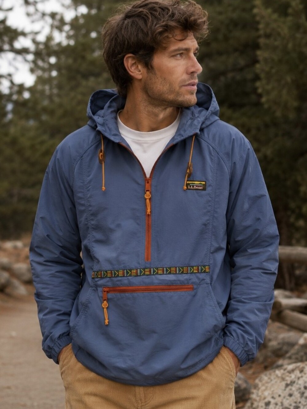 LL Bean Mountain Classic Anorak Windbreaker 1/2 Zip Jacket Blue Aztec Sz Small